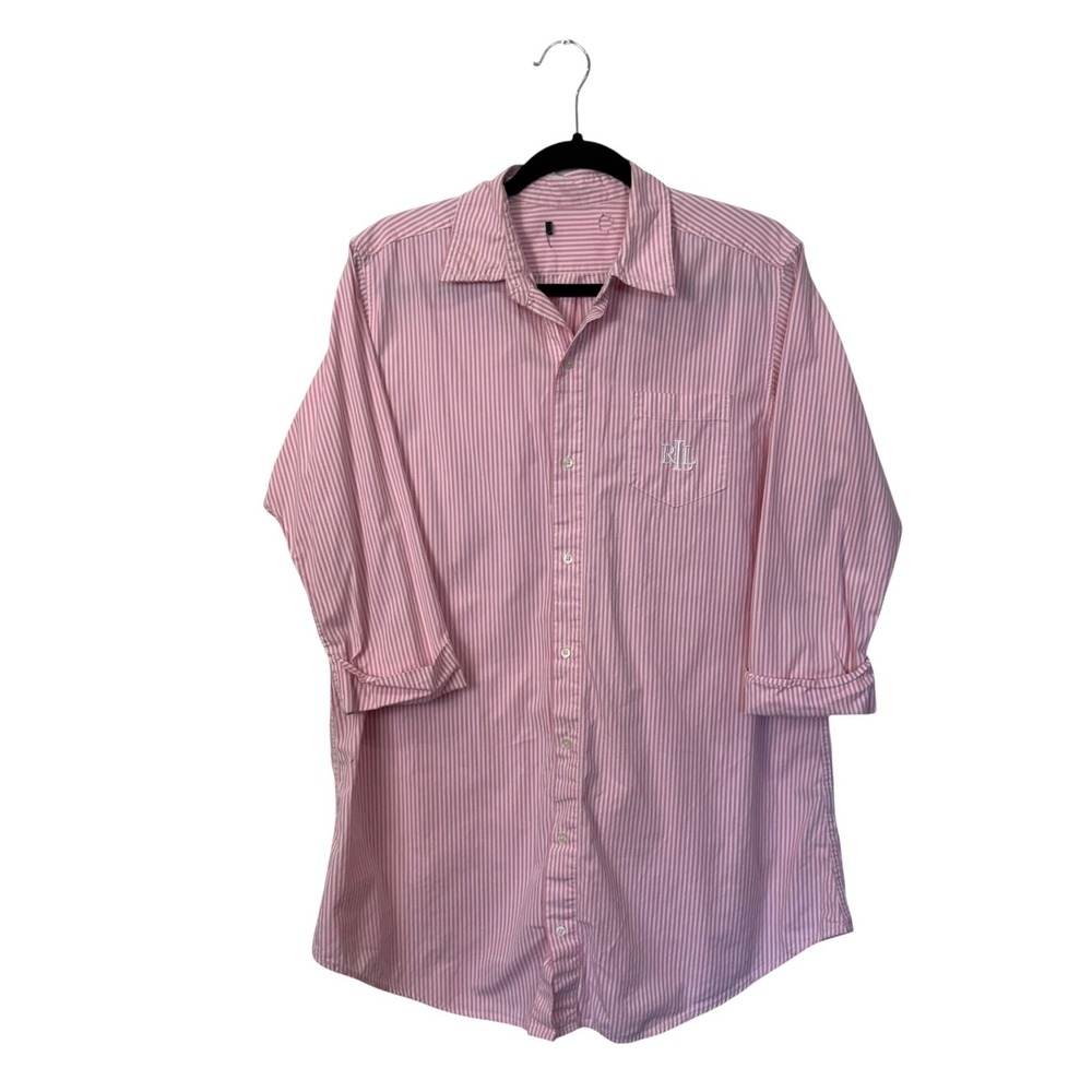 Lauren Ralph Lauren Pink Striped 100% Cotton Button Down Night Shirt, M